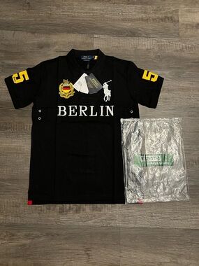 1:1 Ralph Lauren Black Polo with Yellow Sleeve Accents and White Logo - BERLIN